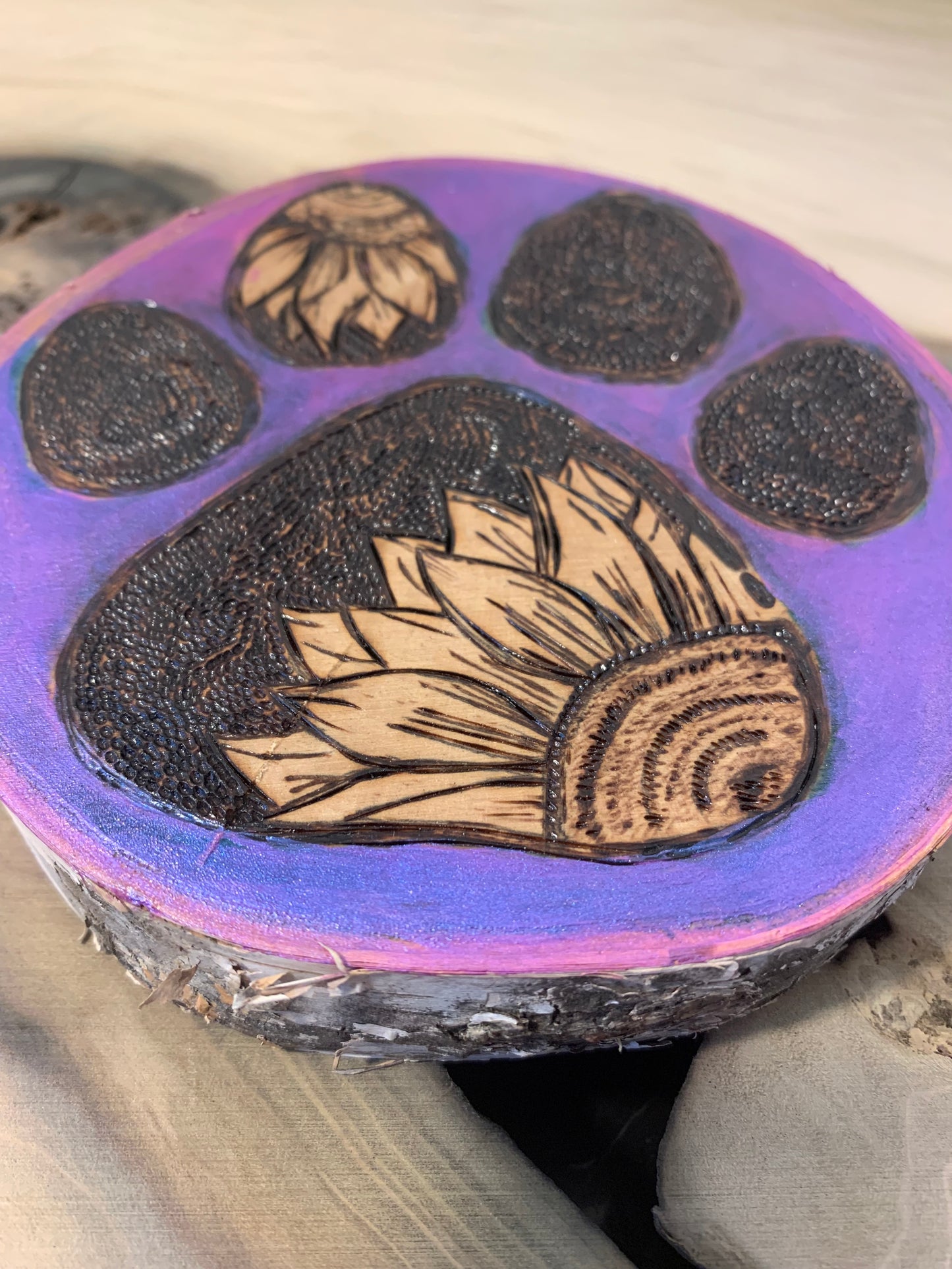 Puppy love - Purple Wood-burned dog paw