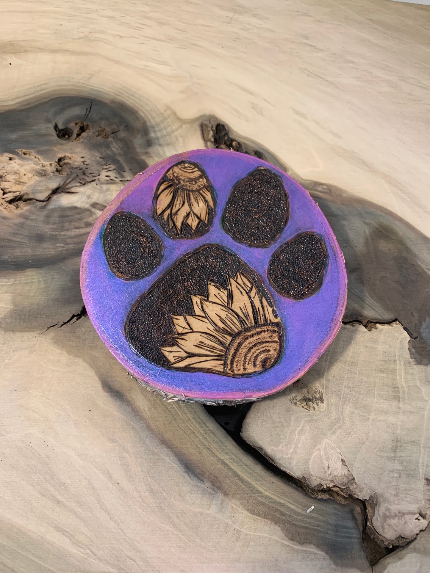 Puppy love - Purple Wood-burned dog paw