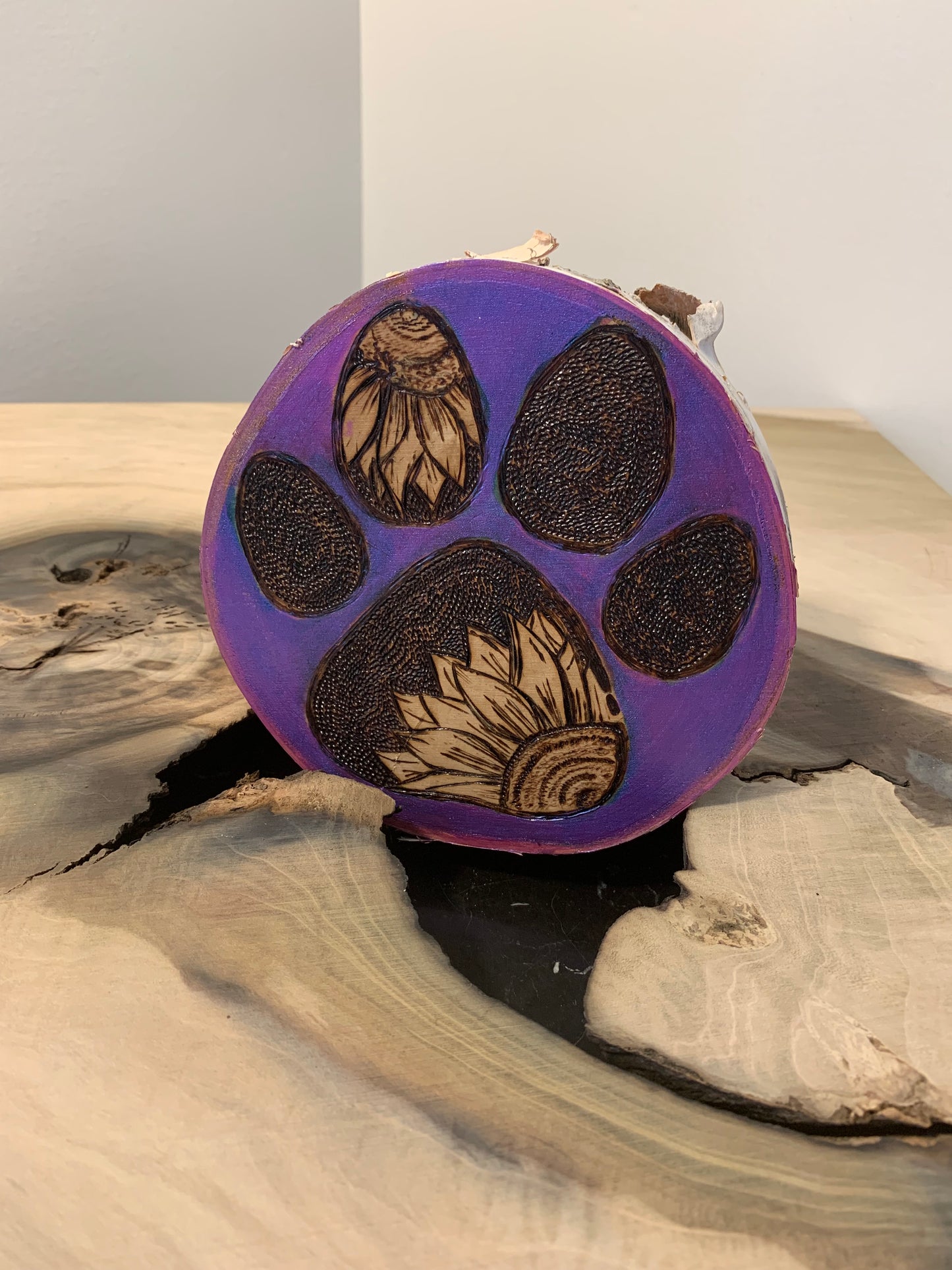 Puppy love - Purple Wood-burned dog paw