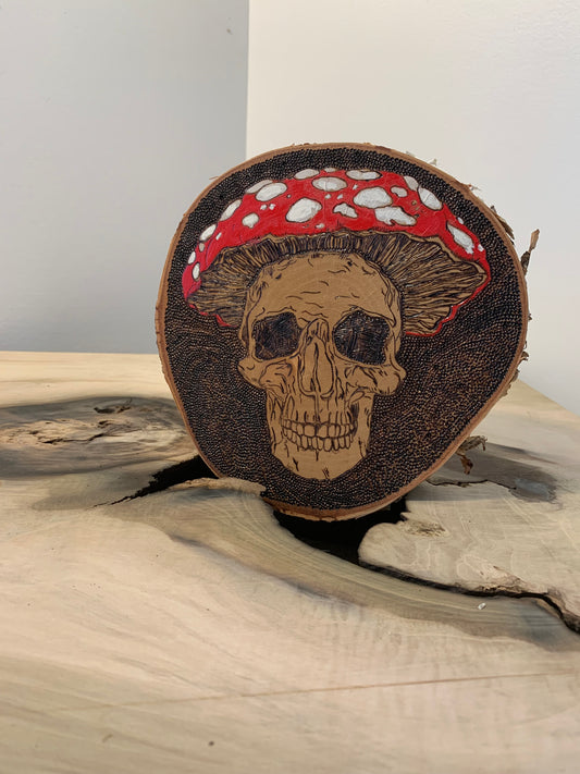 Unique Skeleton with Amanita Mushroom Head – Handburned Pyrography Art with Watercolor Accents