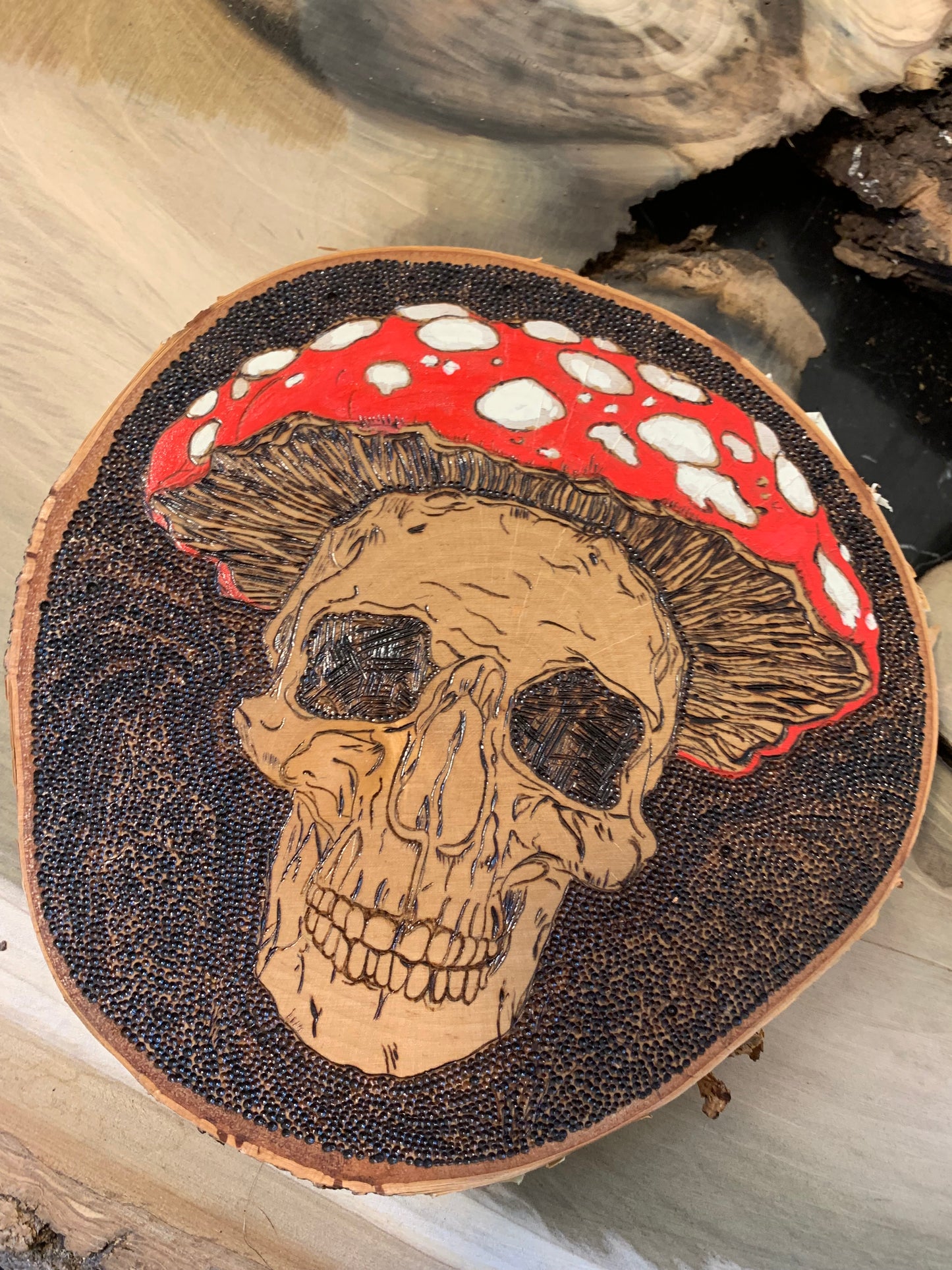 Unique Skeleton with Amanita Mushroom Head – Handburned Pyrography Art with Watercolor Accents