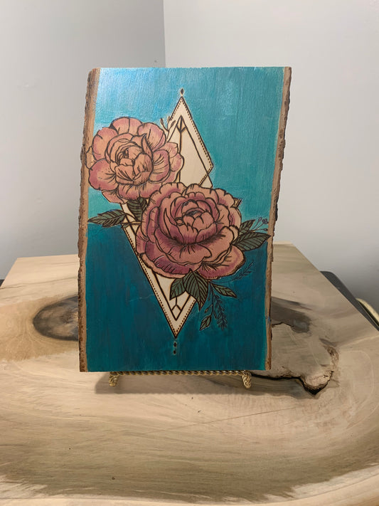 Woodburned Poppy Flowers Art with Bright Blue Ombre