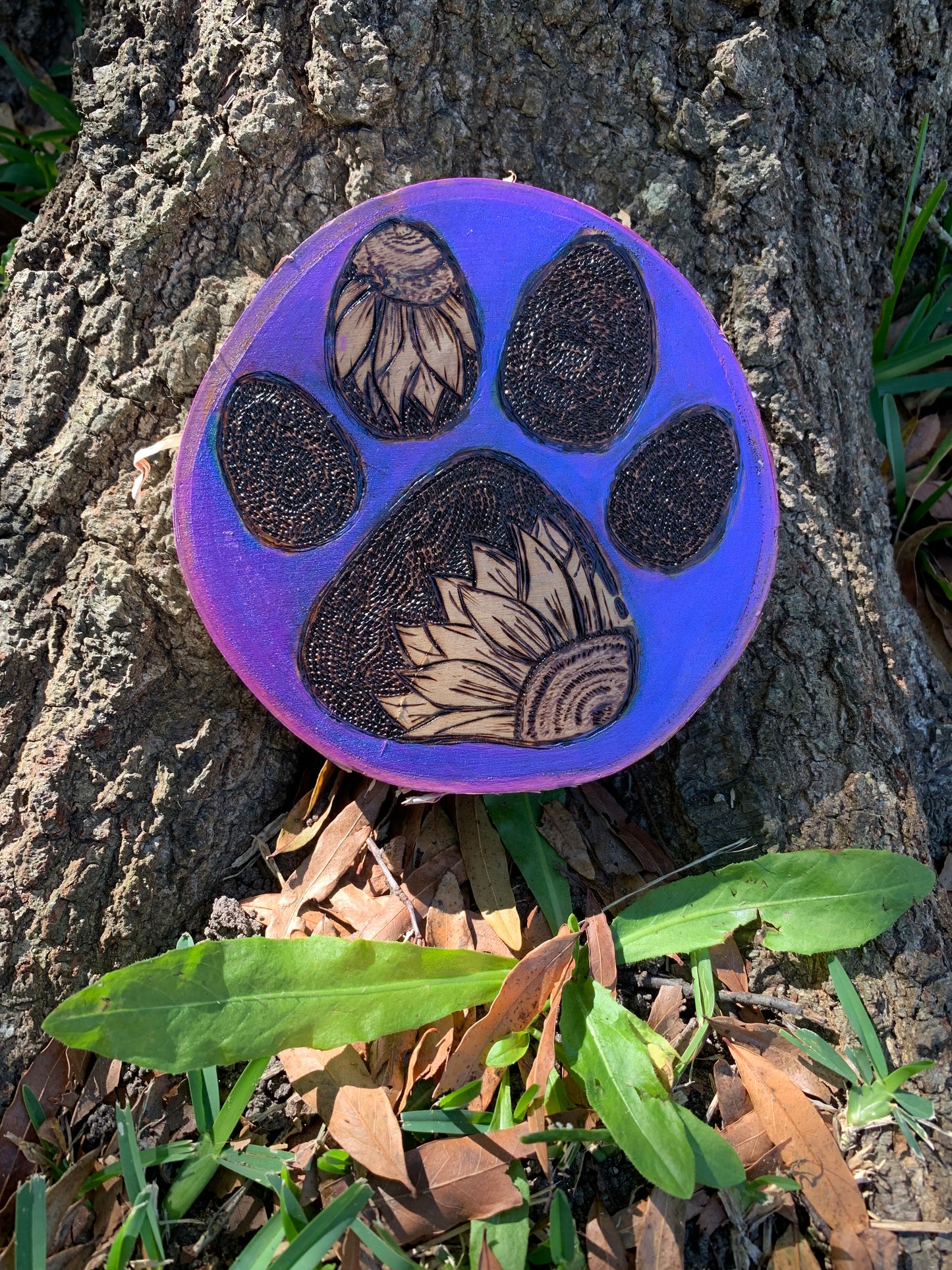 Puppy love - Purple Wood-burned dog paw