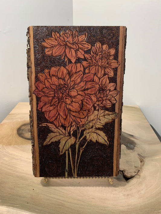 Hand-Burned Floral Mum Art on Live Edge Basswood – Unique Woodburned Flower Wall Decor